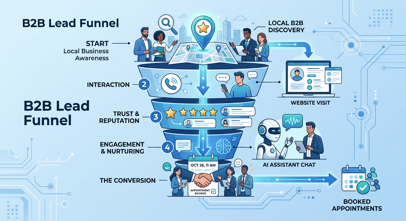 Modern illustrative scene showing a local B2B lead funnel, with a map pin, phone call icon, review stars, website page, an...