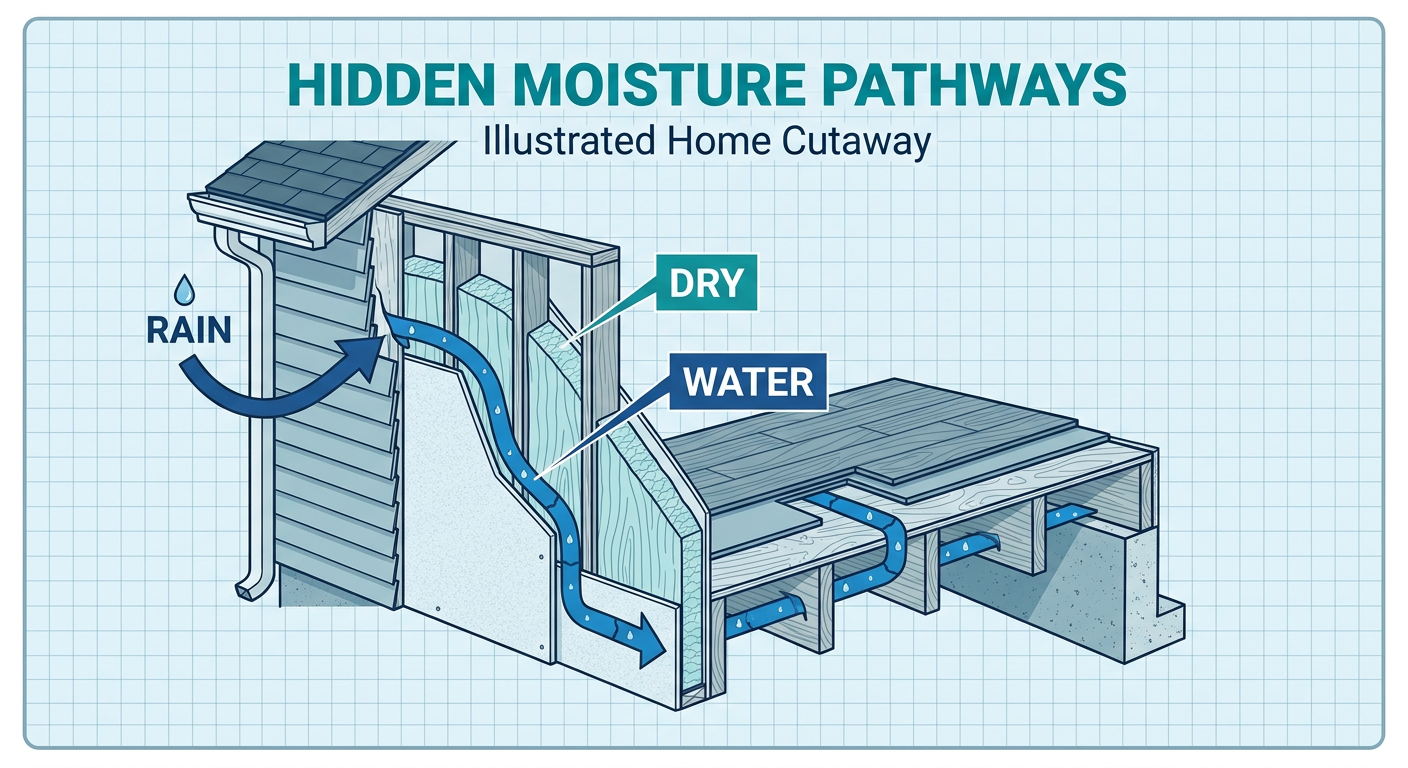Modern illustrated cutaway of a home wall and floor showing hidden moisture paths under flooring and behind drywall, clean...