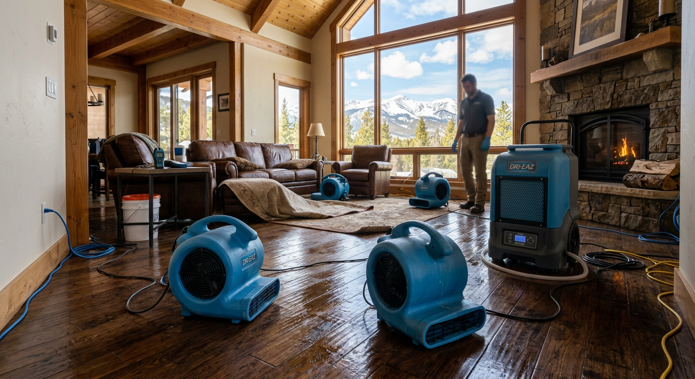 Photorealistic interior view of a Colorado mountain home living room with wet hardwood flooring, air movers and dehumidifi...