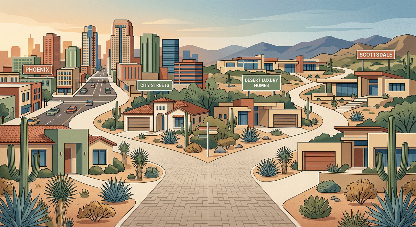 Buying a House in Phoenix vs Scottsdale: Smart 2026 Choice Guide Modern editorial illustration of two neighboring Arizona home paths splitting toward Phoenix city streets and Scottsdale d...