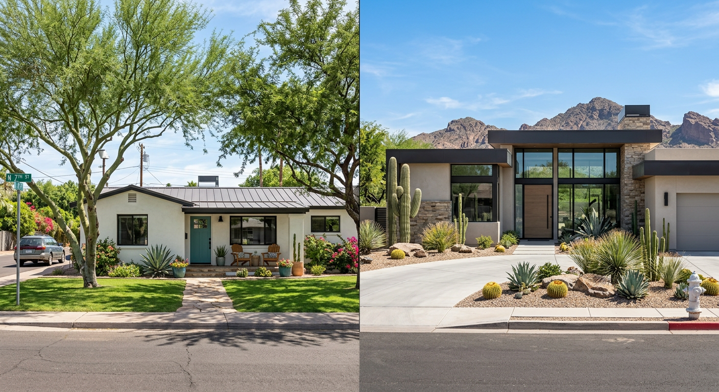 Buying a House in Phoenix vs Scottsdale: Smart 2026 Choice Guide Photorealistic street-level scene comparing a renovated Phoenix ranch home with mature shade trees and a polished Scottsda...