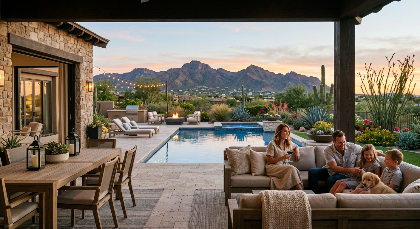 Photorealistic lifestyle scene of a luxury Scottsdale home patio inside a gated community, desert landscaping, pool, mount...