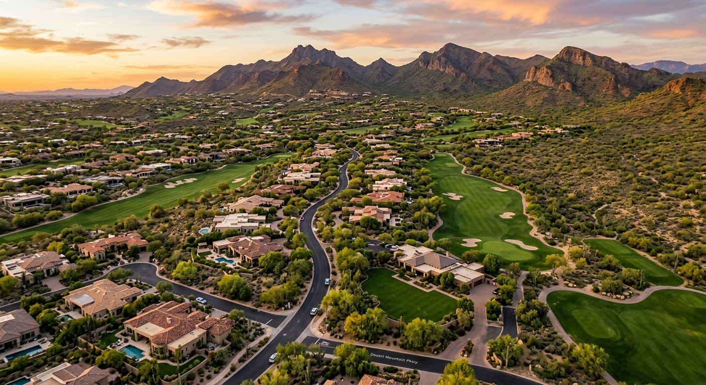Modern editorial-style aerial composition of North Scottsdale luxury neighborhoods near desert preserve land, showing wind...