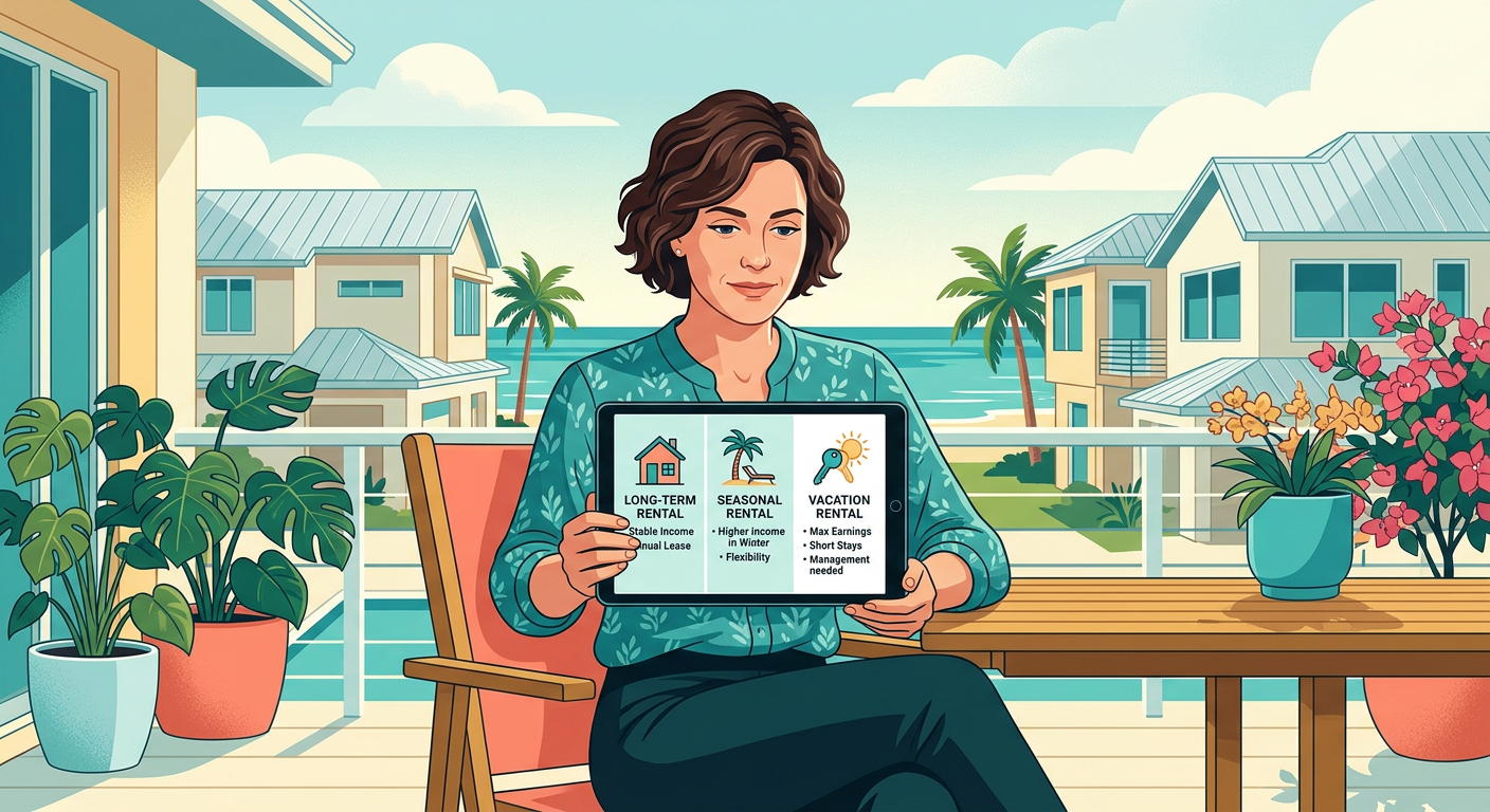 Modern editorial illustration of a South Florida homeowner reviewing three rental paths on a tablet, long-term, seasonal, ...