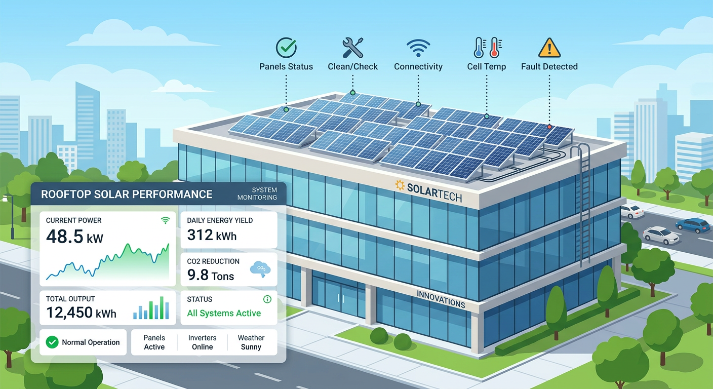 Modern clean illustration of a commercial building with rooftop solar panels, small maintenance icons around panels, monit...
