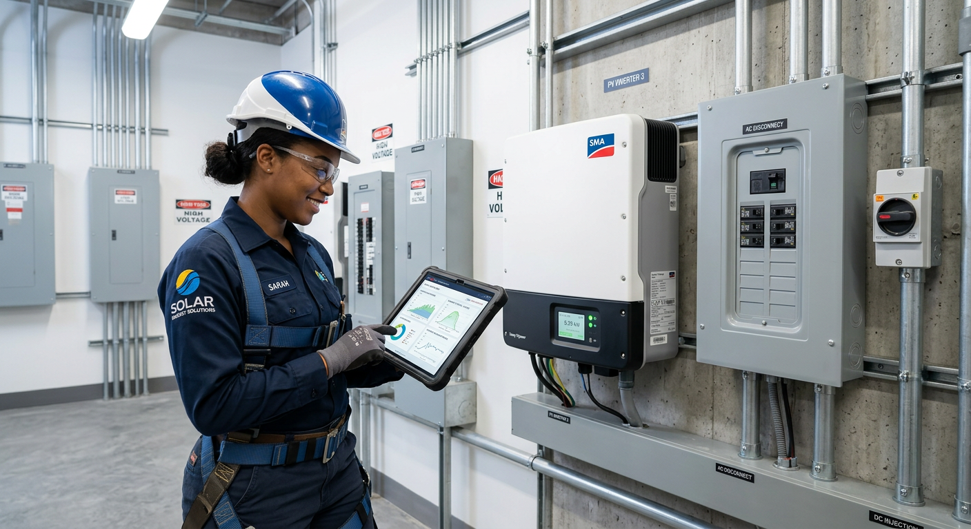 Photorealistic commercial solar technician reviewing inverter readings beside electrical equipment, tablet in hand, clean ...
