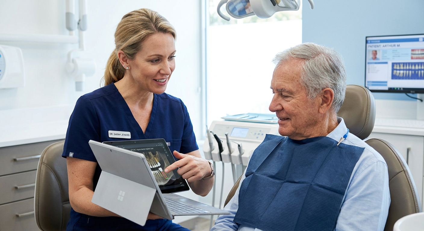 Photorealistic close-up of a female dentist using a tablet to review a 3D dental implant scan with a patient in a bright m...
