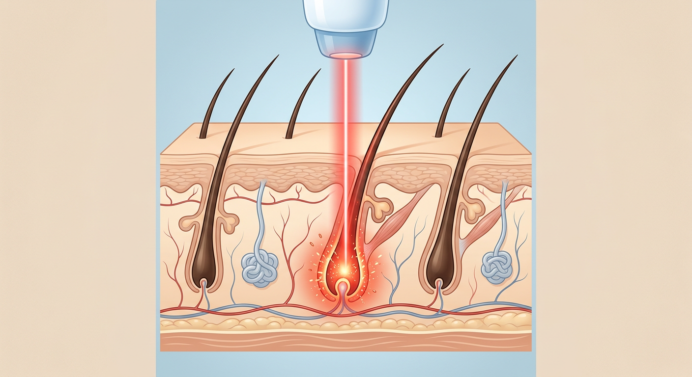 Laser Hair Removal Scottsdale: Smooth Skin Guide for the Valley | Electrolysis Permanent Hair Removal in Phoenix | Senza Pelo Med Spa Modern close-up illustration of laser energy targeting hair follicles beneath smooth skin, clean clinical style, soft blue...