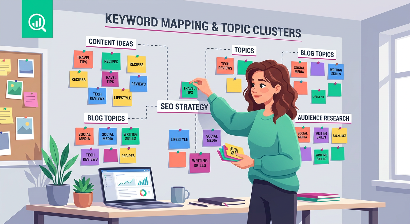 Clean in-content modern illustration of one blogger arranging colorful keyword cards into topic clusters on a wall, flat c...
