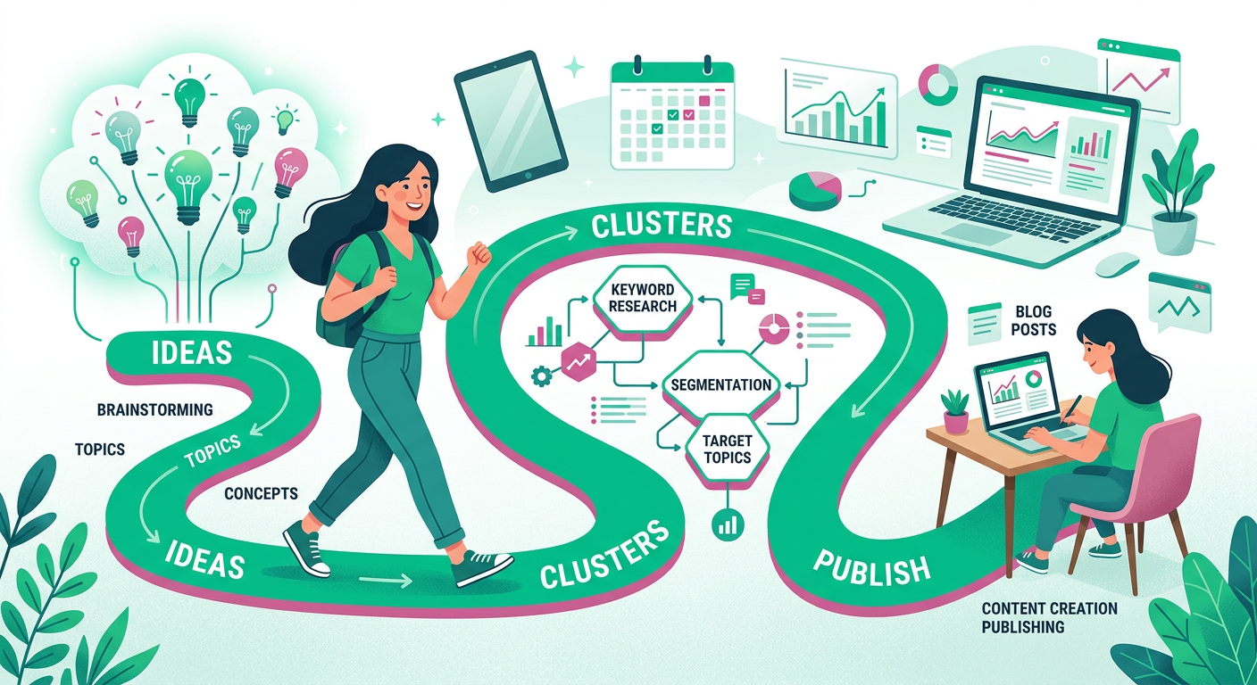 Editorial flat illustration of a simple keyword workflow path moving from ideas to clusters to published blog posts, one p...