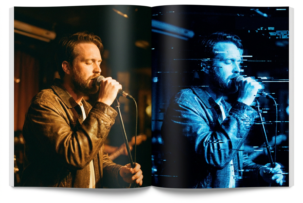 A split screen showing a musician performing on stage on one side and an AI-generated clone performing the same pose on the other