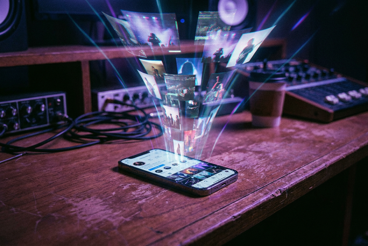 A musician's Instagram feed being sucked into a swirling vortex of AI-generated copies