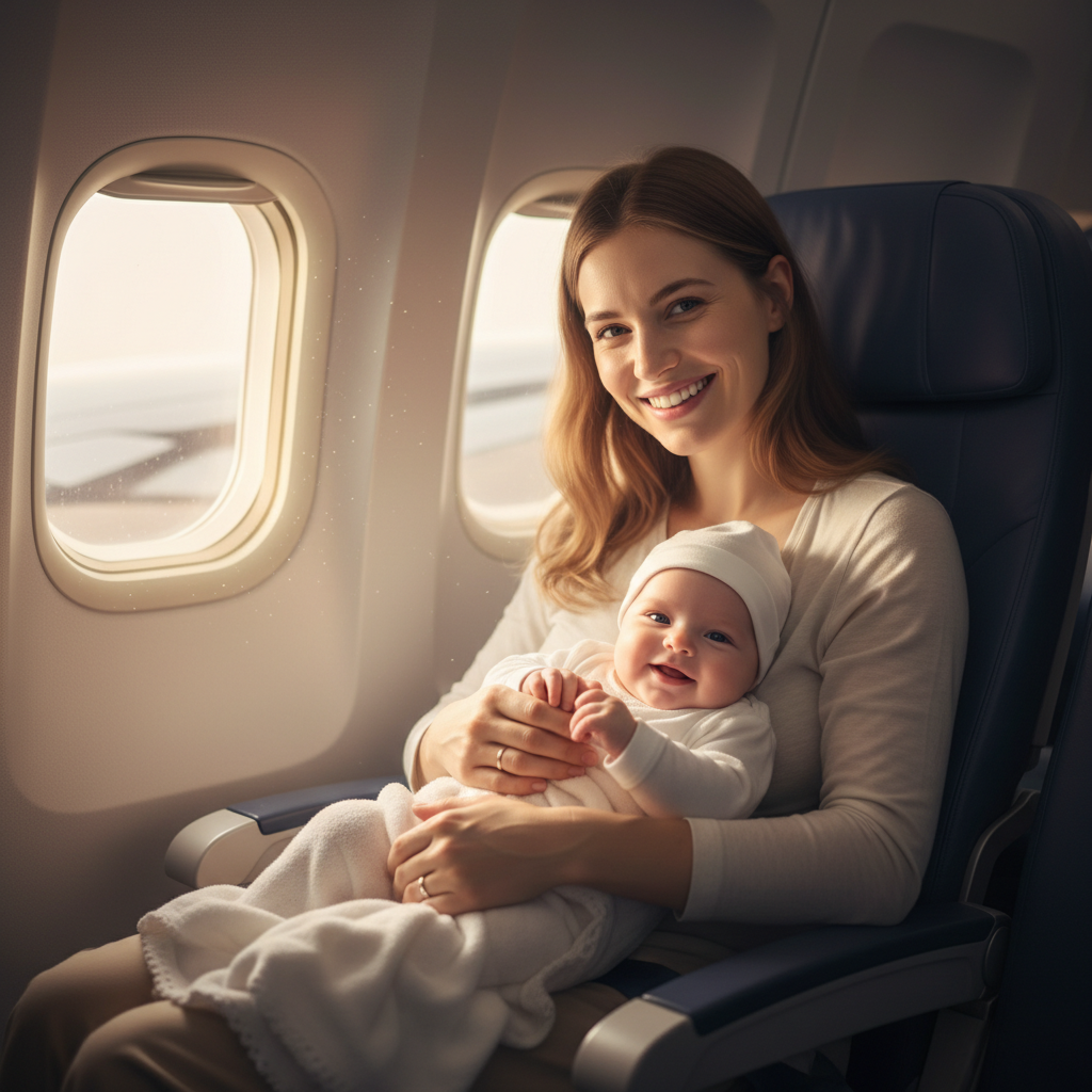 Anne ve bebek uçakta yolculuk keyfi