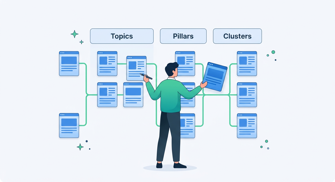 Minimal in-content flat vector illustration showing one person organizing floating website pages into three labeled groups...