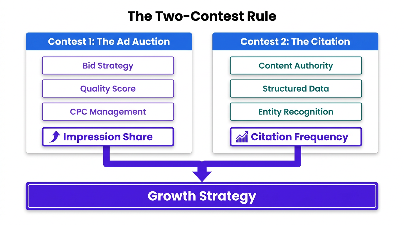 Architecture diagram showing ai mode ads and organic citation as two separate contest columns