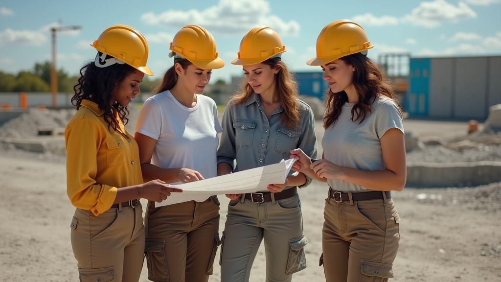 Women in cargo work pants of different fits and sizes on a job site
