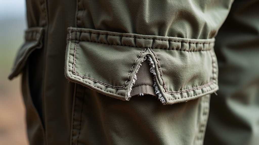 Failed pocket seam on women's work pants showing poor stitching