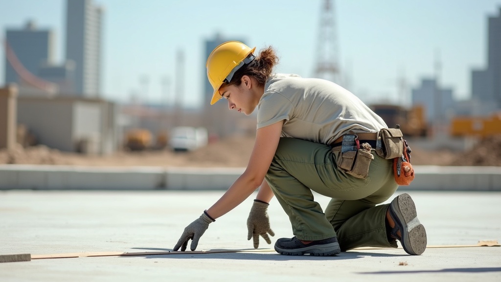 Women's cargo work pants with pockets on a construction jobsite