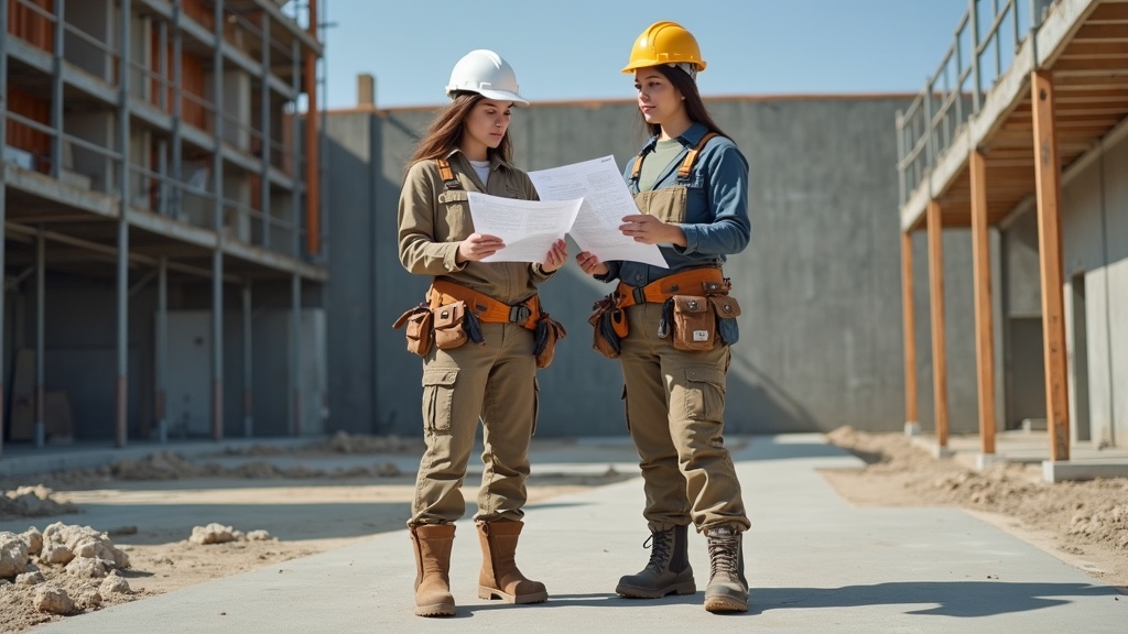 Petite and plus size women in working cargo pants on a construction site
