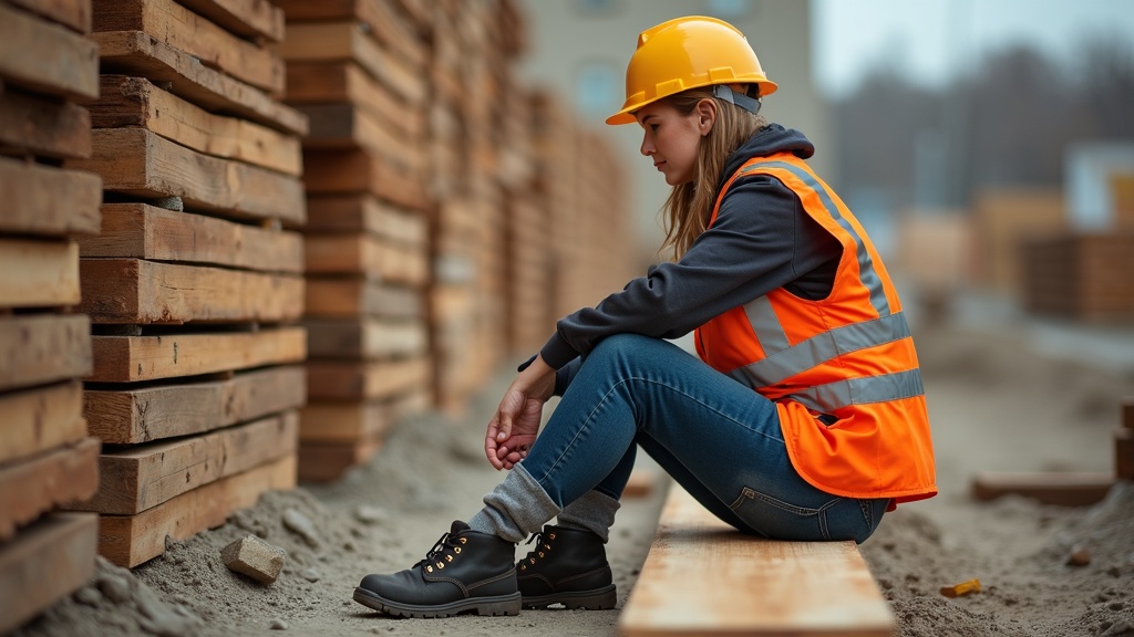 Female construction worker putting on merino wool blister prevention work socks