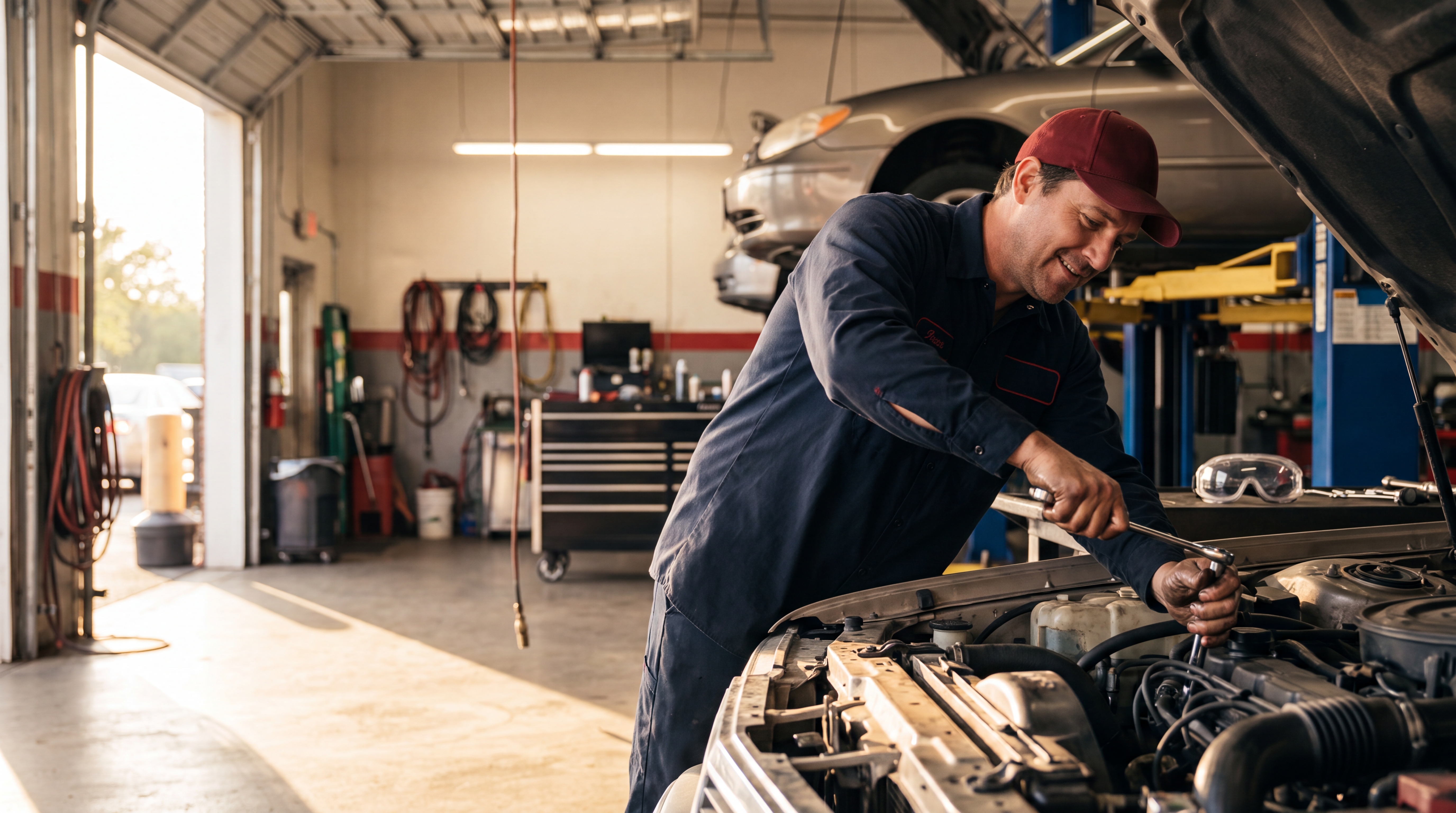 Mechanic at B's Auto Repair working on a car in the bay, garage doors open to daylight