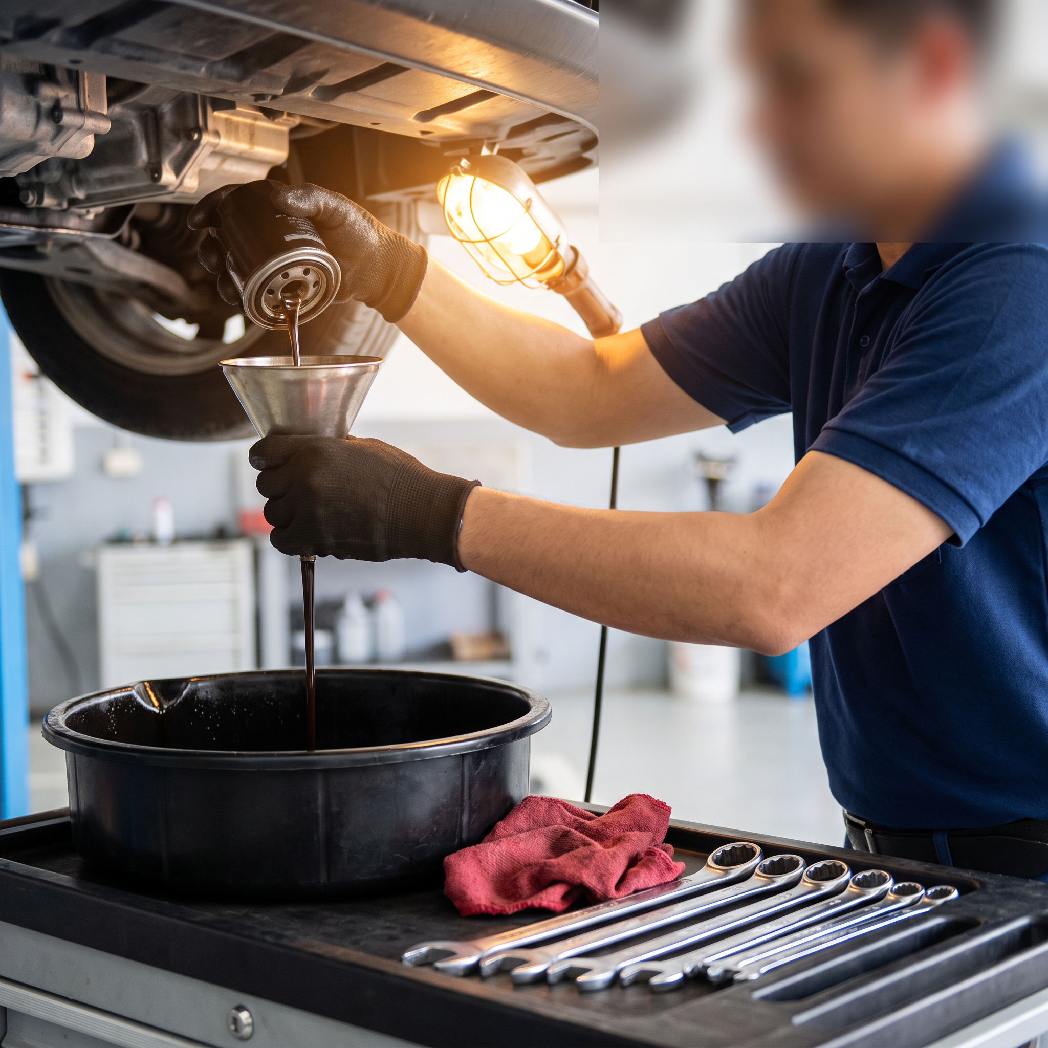 Mechanic performing an oil change, draining oil into a pan