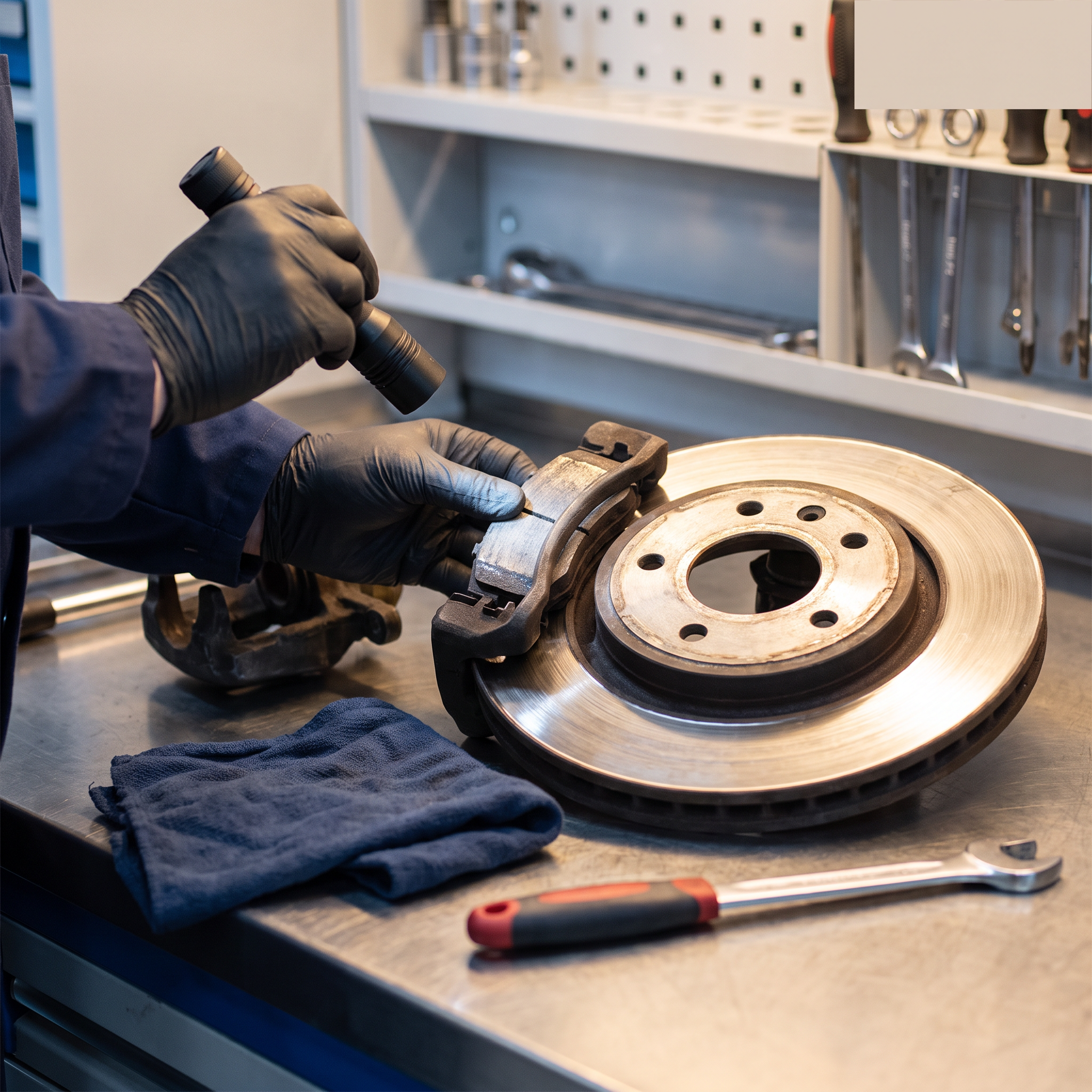 Mechanic inspecting a brake rotor and pads with a flashlight