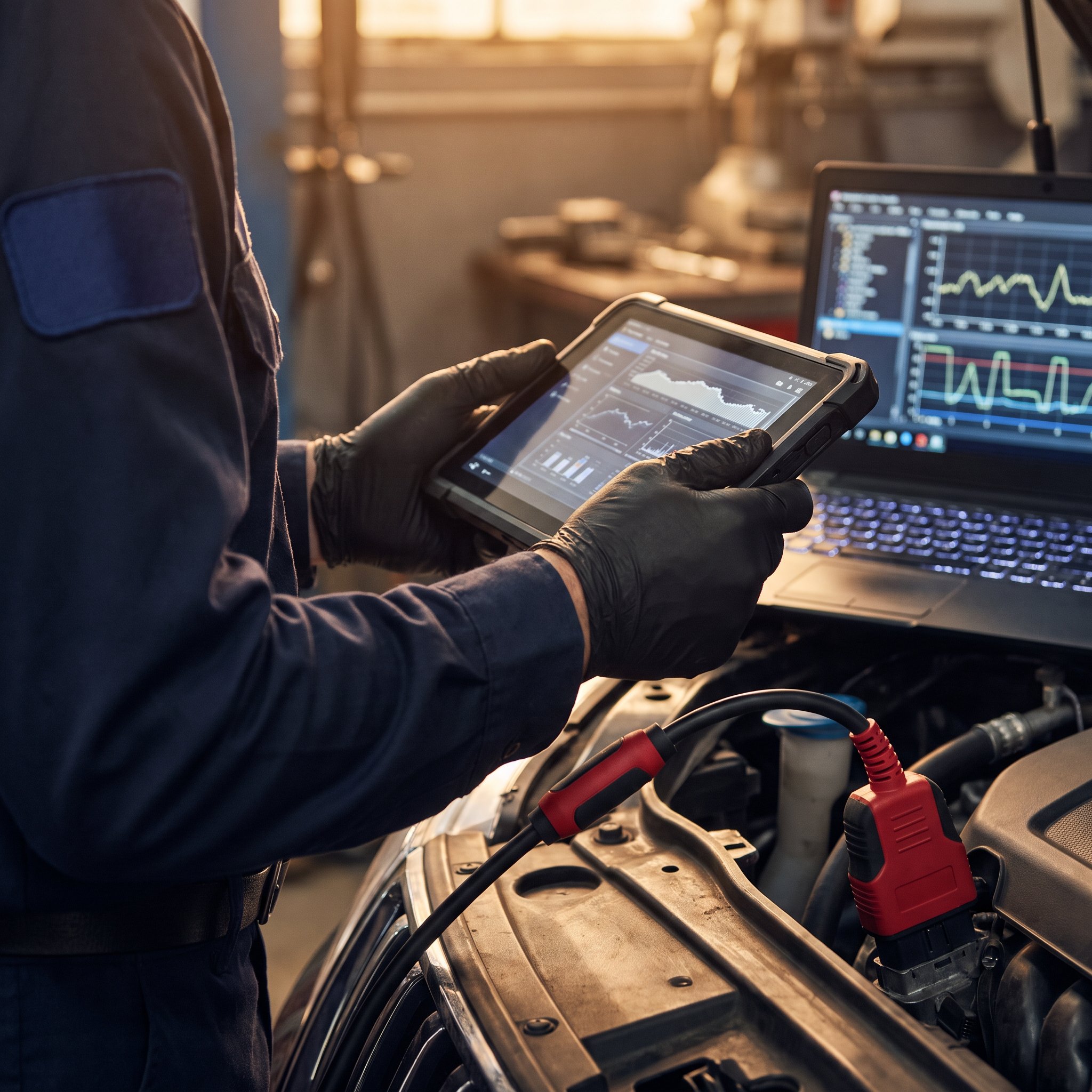 Mechanic running computerized diagnostics on a vehicle's OBD system