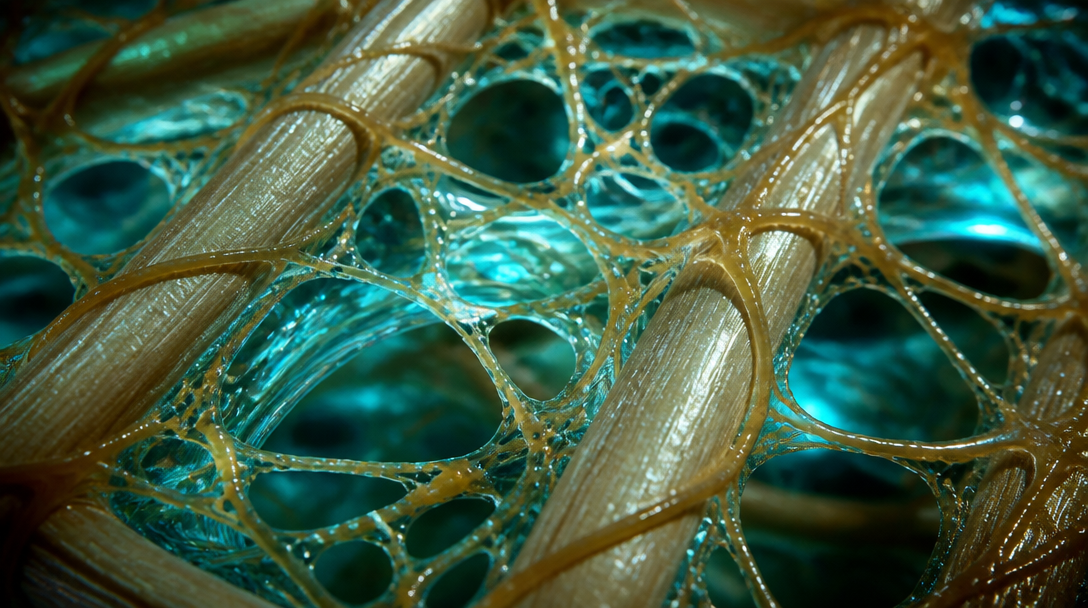 Macrophotographie des faisceaux de collagène et du fluide interstitiel