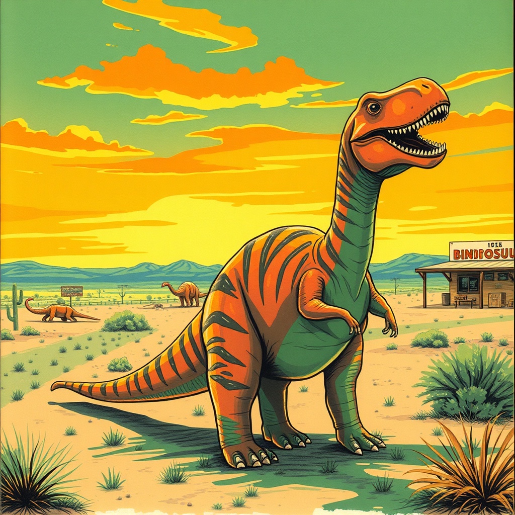 The grounds from the highway shoulder, nine painted animals on the gravel loop, tamarisks along the parking strip