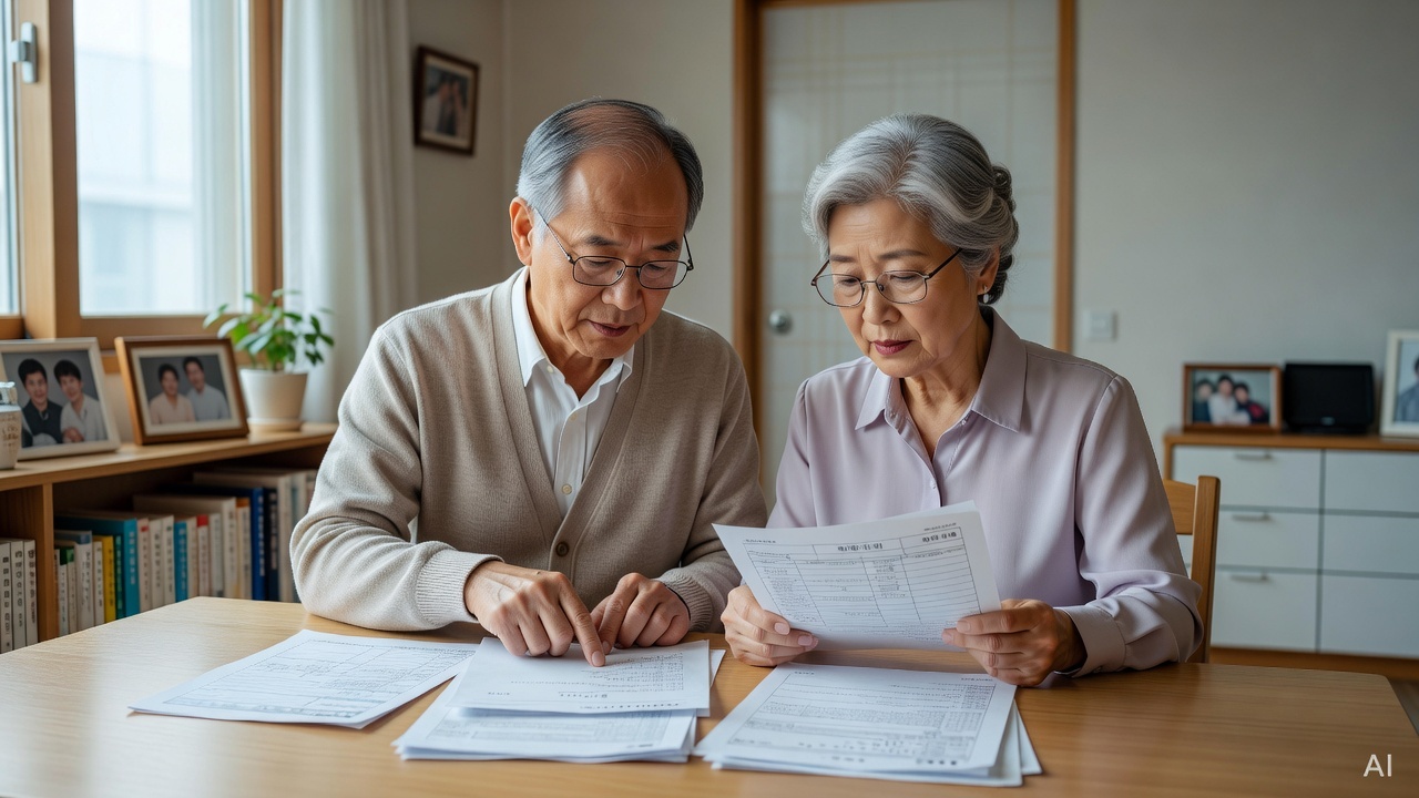 older Korean couple reviewing paperwork at home with documents on the table