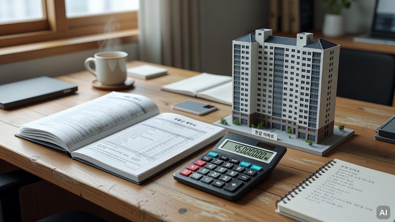 housing document and calculator placed on a wooden desk with a house model nearby