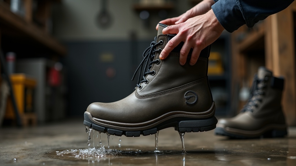 Prueba de impermeabilidad en botas de trabajo waterproof vertiendo agua