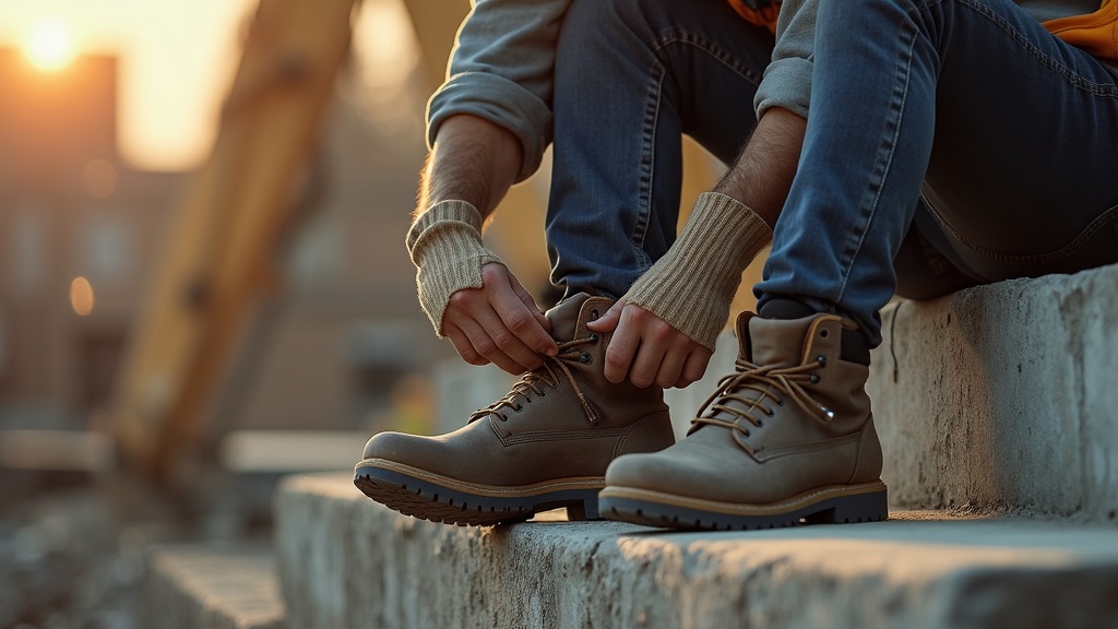 Construction worker removing steel-toe boot after a long shift