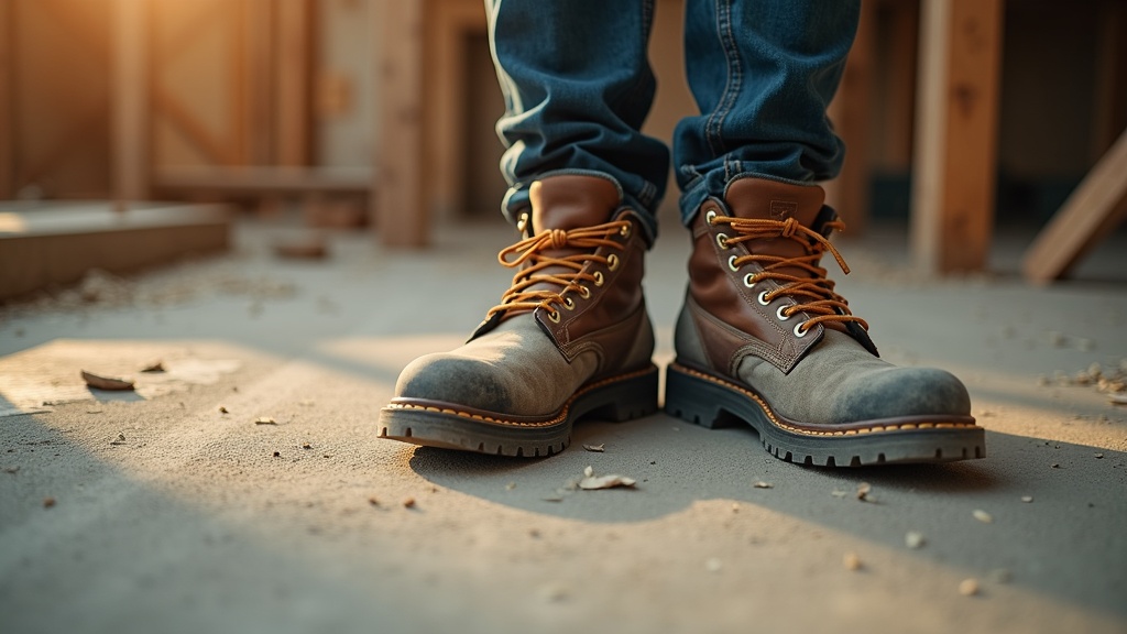 Construction worker wearing antibacterial work socks inside steel-toe boots on a jobsite