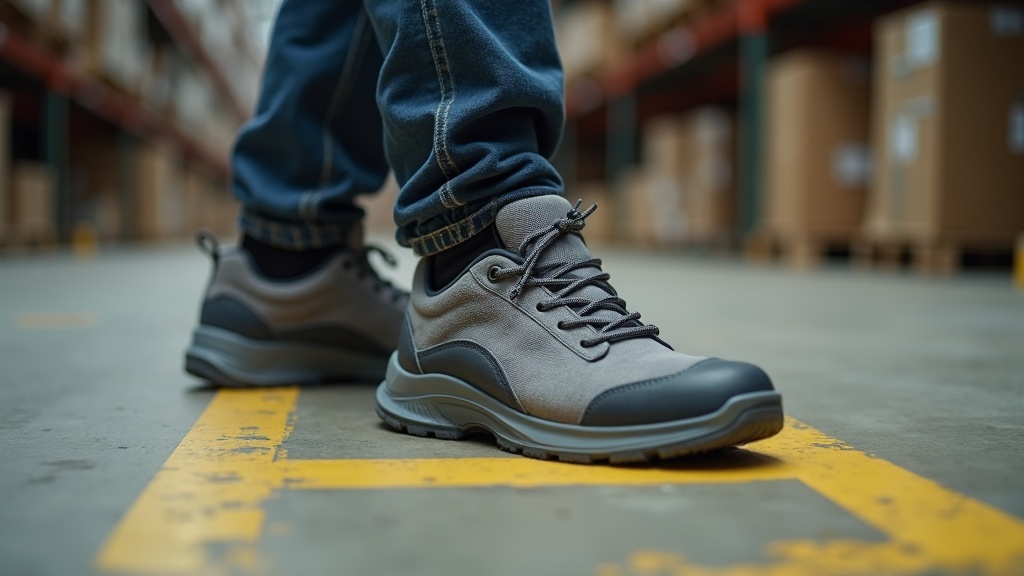 Zapatos de seguridad ligeros con puntera compuesta en piso de almacén