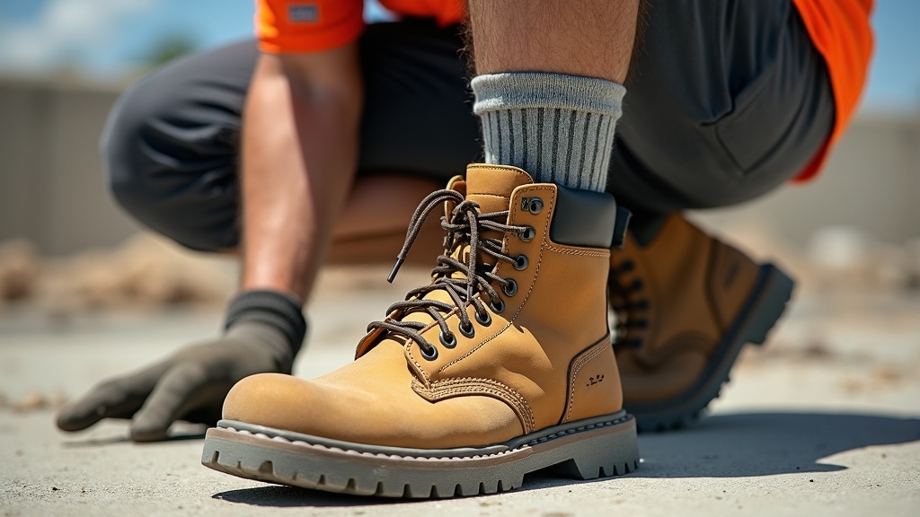 Mesh ventilation zones in tall work socks for sweaty feet on construction site
