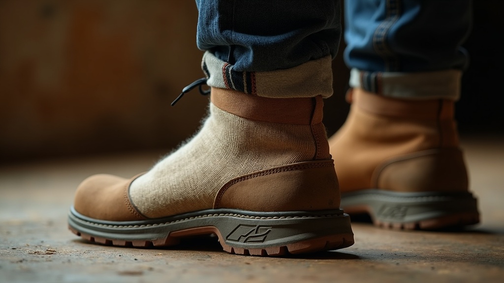 Merino wool work sock heel cushioning inside a steel-toed work boot