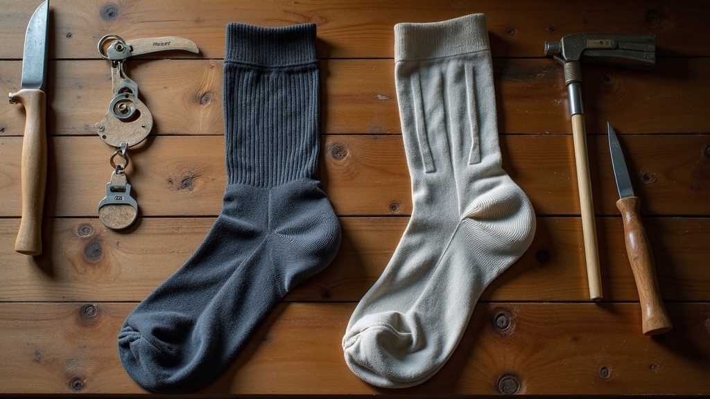 Quality graduated compression work sock next to a worn-out budget sock for comparison