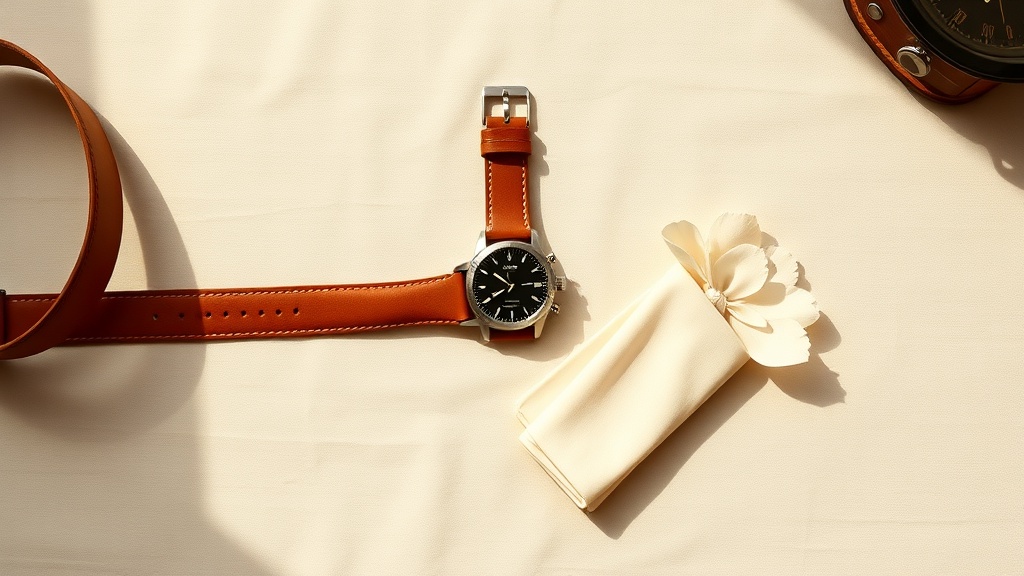 Tan leather belt, steel watch with chestnut strap, and ivory pocket square arranged on pale linen