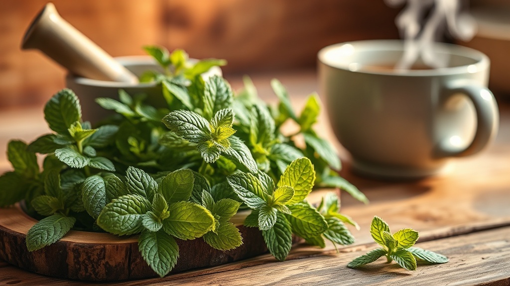 Branches de menthe poivrée et menthe nanah fraîches sur une table en bois près d'une tasse fumante