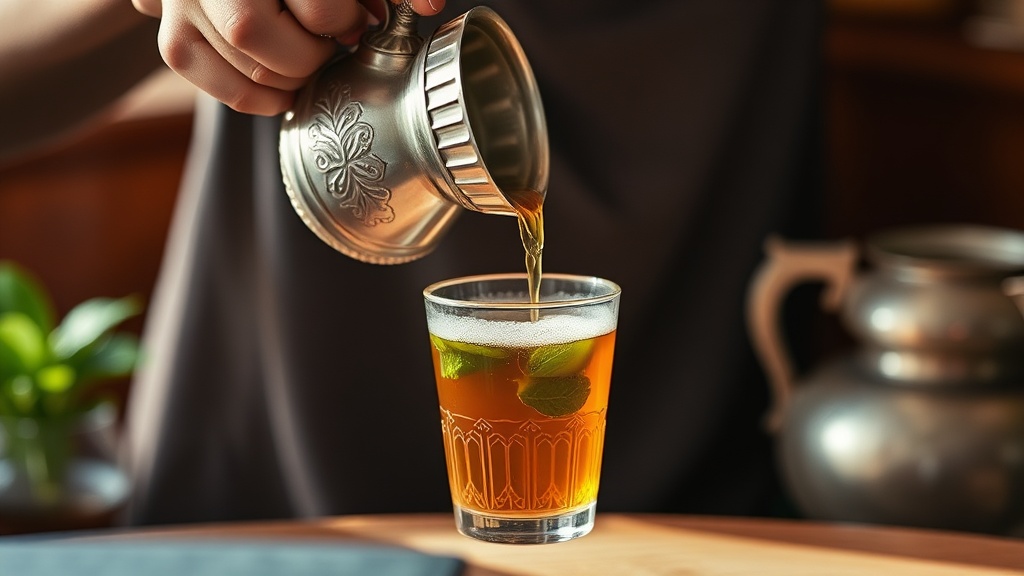 Mains versant le thé à la menthe marocain de haut dans un verre en créant de la mousse traditionnelle