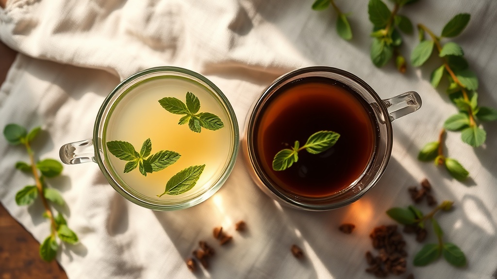 Comparaison tisane de menthe pure et thé vert à la menthe marocain dans deux verres en verre
