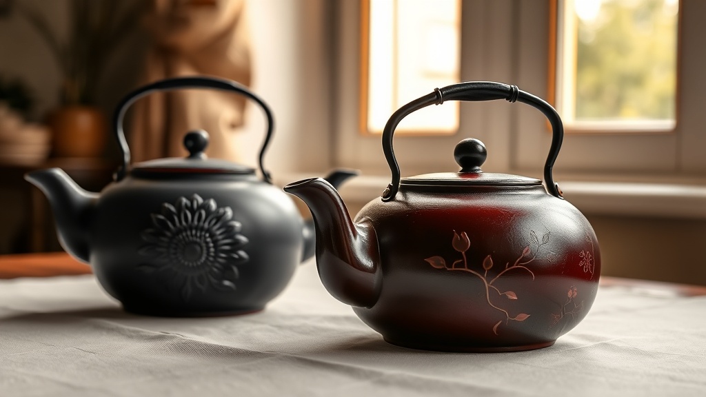 Deux théières en fonte japonaise posées côte à côte, une noire et une rouge, avec des motifs floraux en relief