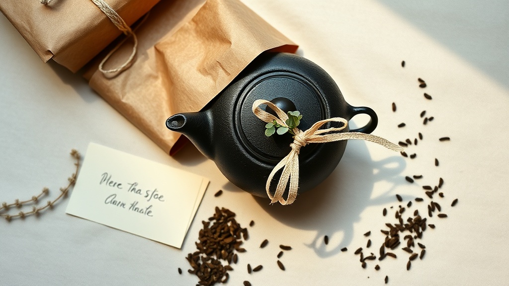 Théière en fonte emballée en cadeau avec papier kraft, ruban coton et branche d'eucalyptus