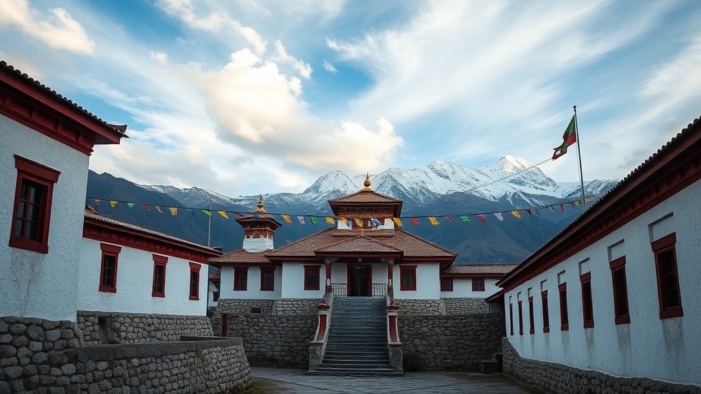 Monastère tibétain aux murs blancs et rouges face aux neiges du Meili, dans le nord du Yunnan