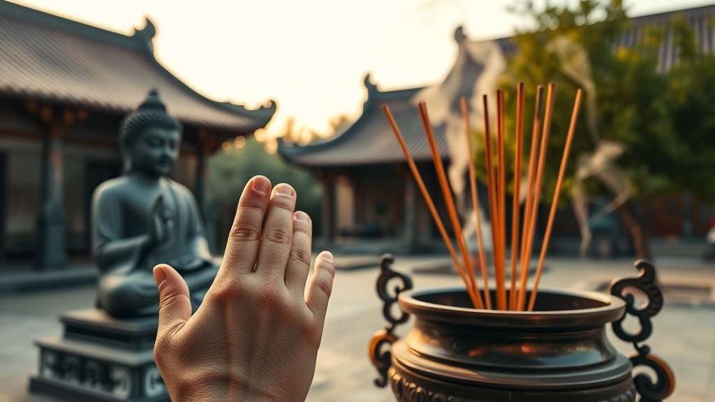 Mains jointes en geste d'offrande devant un censoir en bronze dans la cour d'un temple bouddhiste du Yunnan