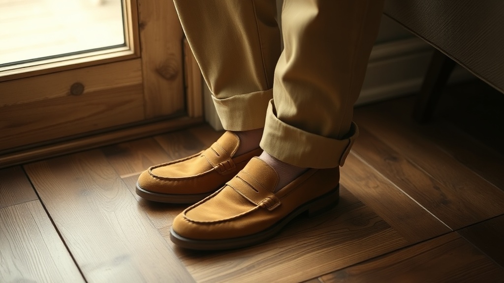 Tan suede loafers beside the hem of sand wool trousers on oak floorboards