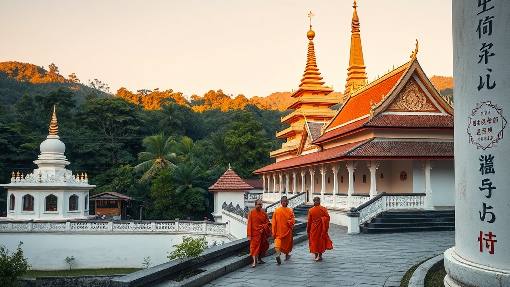 Pagodes dorées d'un temple Theravâda dans la jungle tropicale de Xishuangbanna, Yunnan