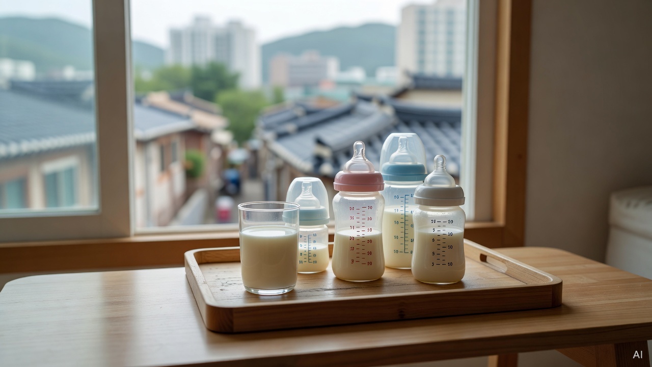 baby bottles and a glass of fresh milk placed on a wooden tray near a window